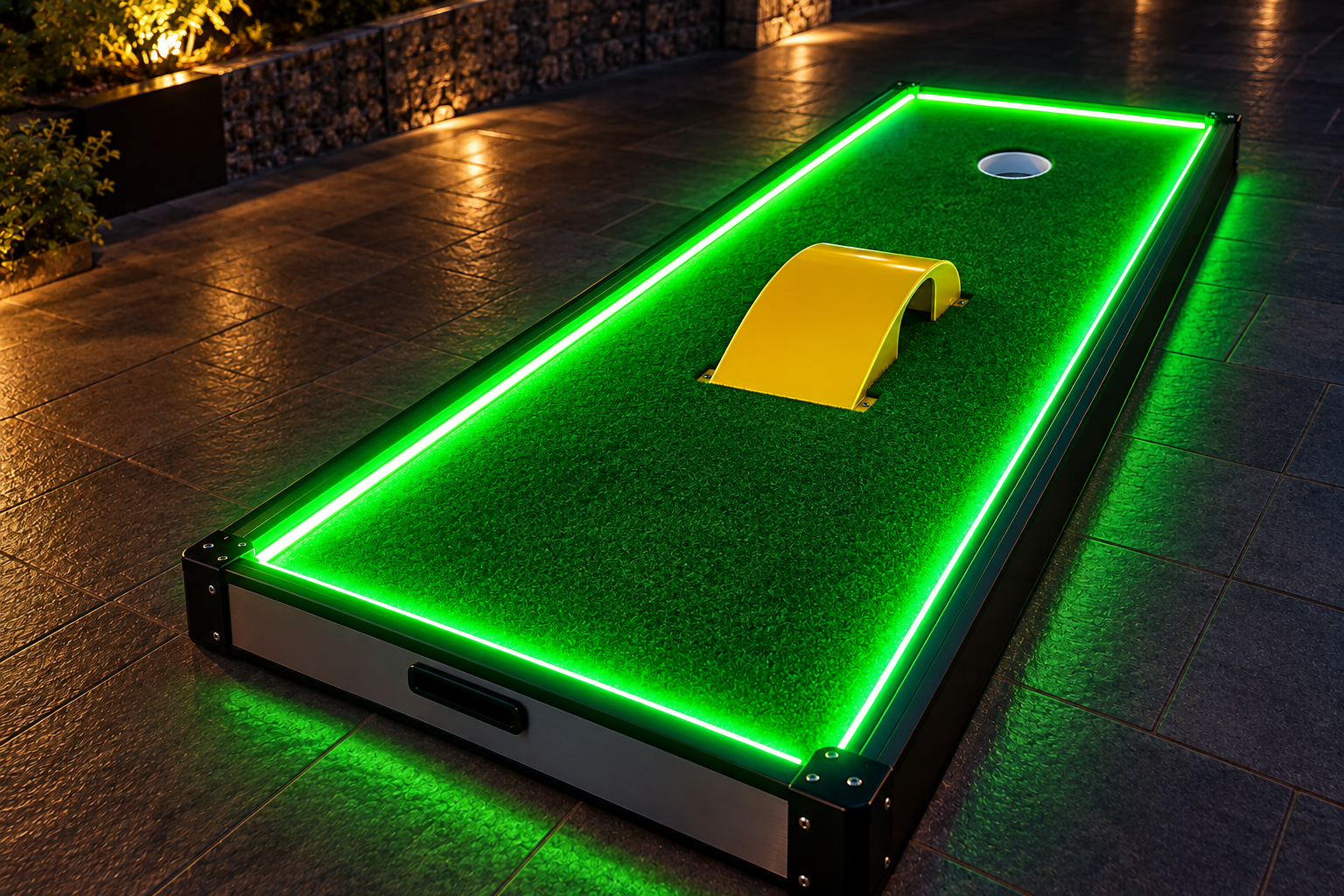Green neon lighting around a mini golf course at night
